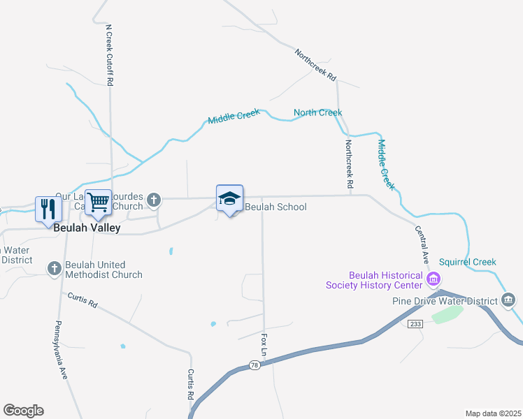 map of restaurants, bars, coffee shops, grocery stores, and more near 8734 School House Lane in Beulah Valley