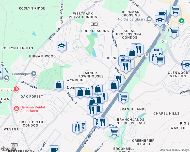map of restaurants, bars, coffee shops, grocery stores, and more near 1469 Minor Ridge Court in Charlottesville