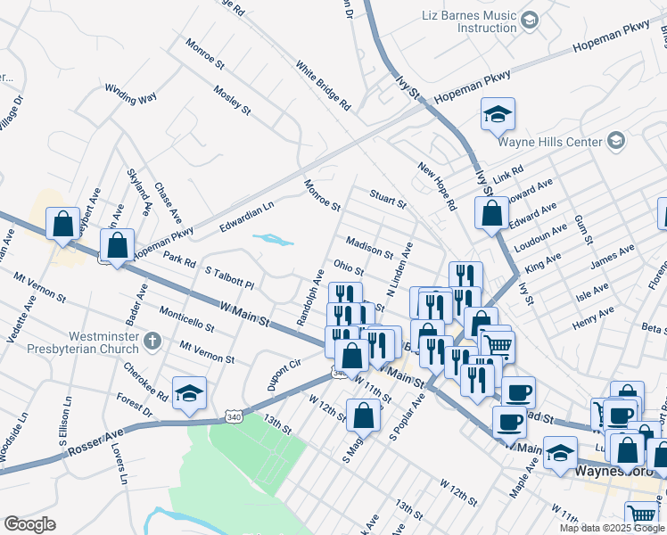 map of restaurants, bars, coffee shops, grocery stores, and more near 1628 Ohio Street in Waynesboro