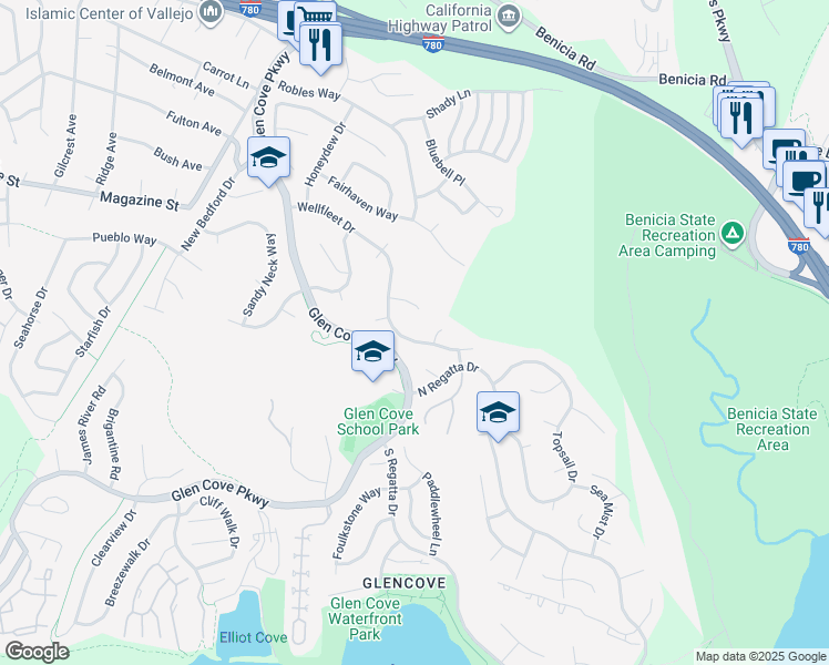 map of restaurants, bars, coffee shops, grocery stores, and more near 660 Wellfleet Dr in Vallejo