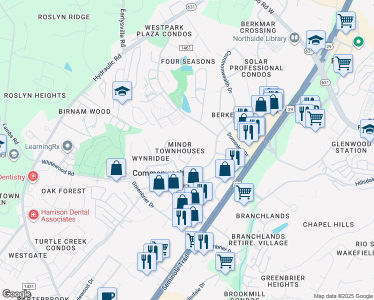 map of restaurants, bars, coffee shops, grocery stores, and more near 1471 Minor Ridge Court in Charlottesville