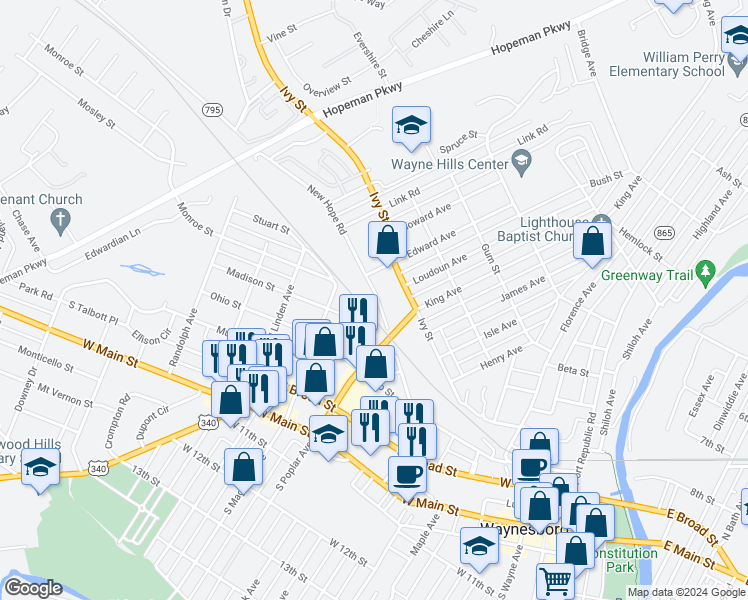 map of restaurants, bars, coffee shops, grocery stores, and more near 1381 New Hope Road in Waynesboro