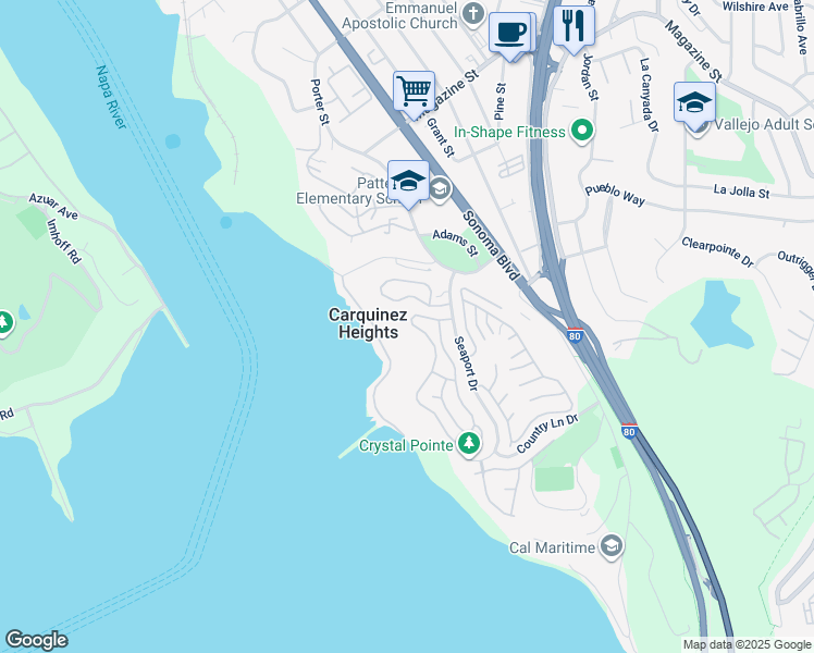 map of restaurants, bars, coffee shops, grocery stores, and more near 244 Seawind Drive in Vallejo