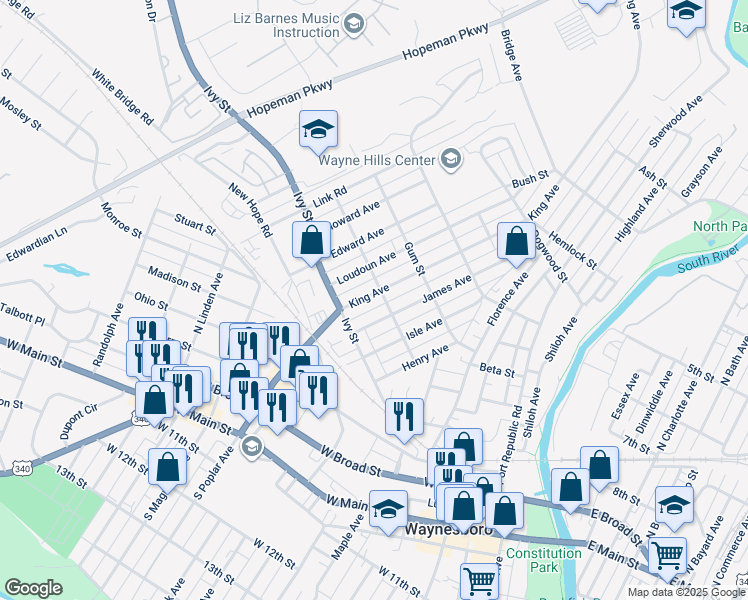 map of restaurants, bars, coffee shops, grocery stores, and more near 130 King Avenue in Waynesboro