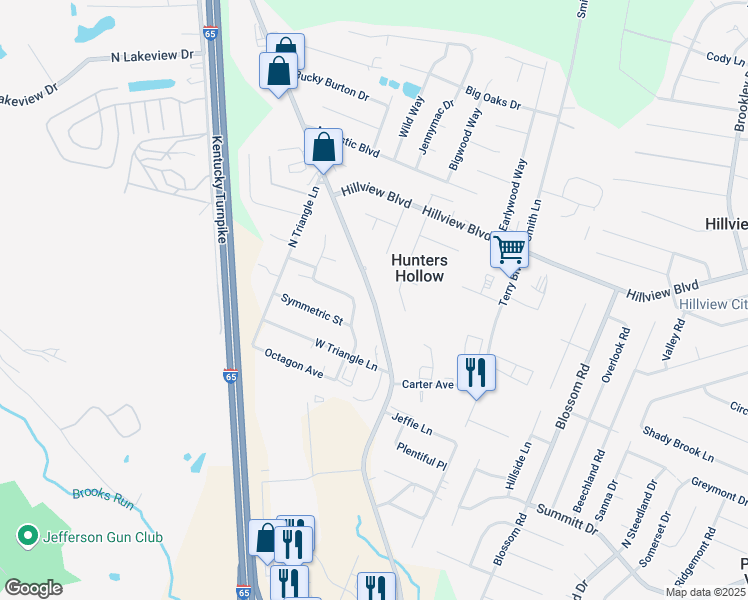 map of restaurants, bars, coffee shops, grocery stores, and more near Blue Lick Road in Hillview
