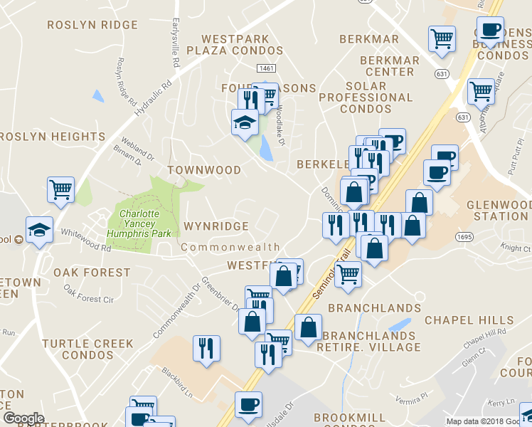 map of restaurants, bars, coffee shops, grocery stores, and more near 1512 Minor Ridge Court in Charlottesville