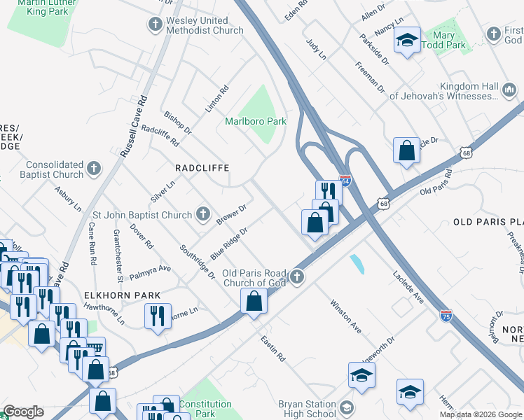 map of restaurants, bars, coffee shops, grocery stores, and more near 1824 Blue Ridge Drive in Lexington