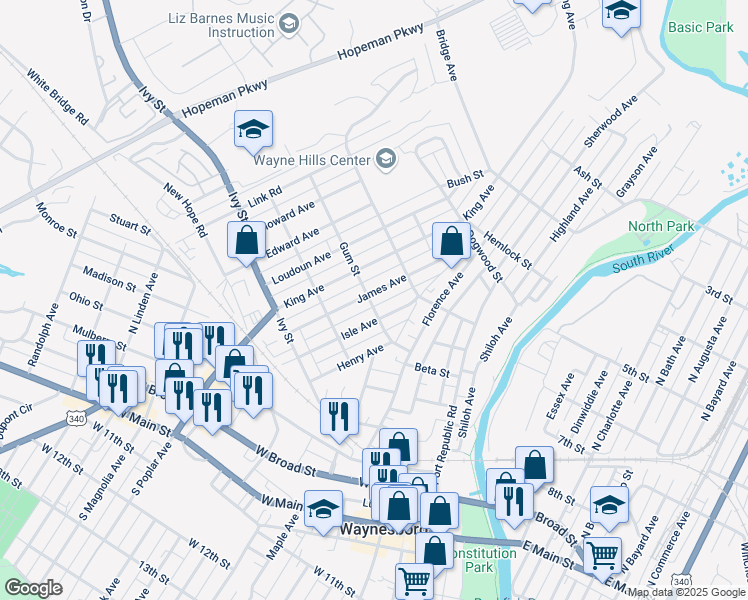 map of restaurants, bars, coffee shops, grocery stores, and more near 300 James Avenue in Waynesboro