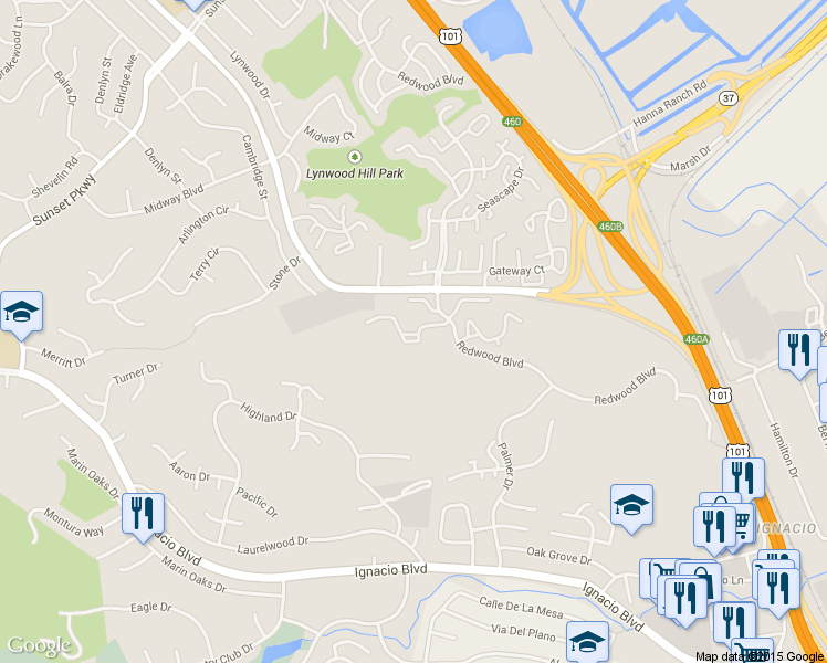 map of restaurants, bars, coffee shops, grocery stores, and more near 1036 Susan Way in Novato