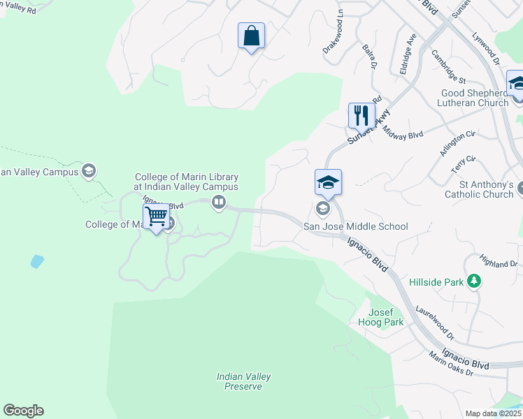 map of restaurants, bars, coffee shops, grocery stores, and more near 1800 Ignacio Boulevard in Novato