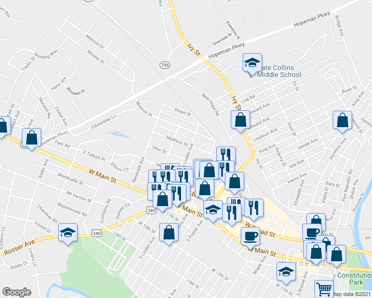 map of restaurants, bars, coffee shops, grocery stores, and more near 1500 Madison Street in Waynesboro