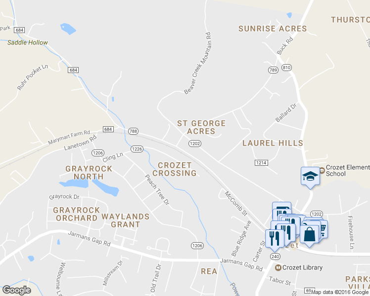 map of restaurants, bars, coffee shops, grocery stores, and more near 6078 Railroad Avenue in Crozet