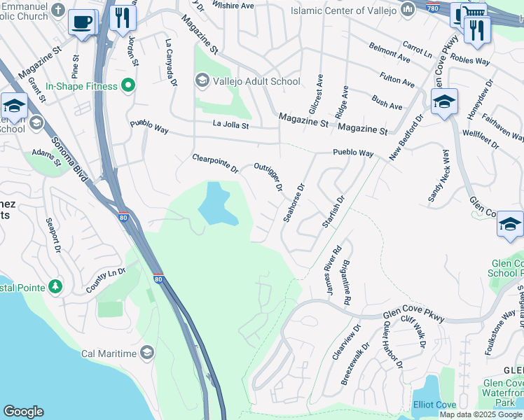 map of restaurants, bars, coffee shops, grocery stores, and more near 404 Canyon Court in Vallejo