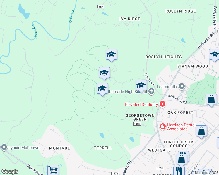 map of restaurants, bars, coffee shops, grocery stores, and more near 225 Lambs Lane in Charlottesville