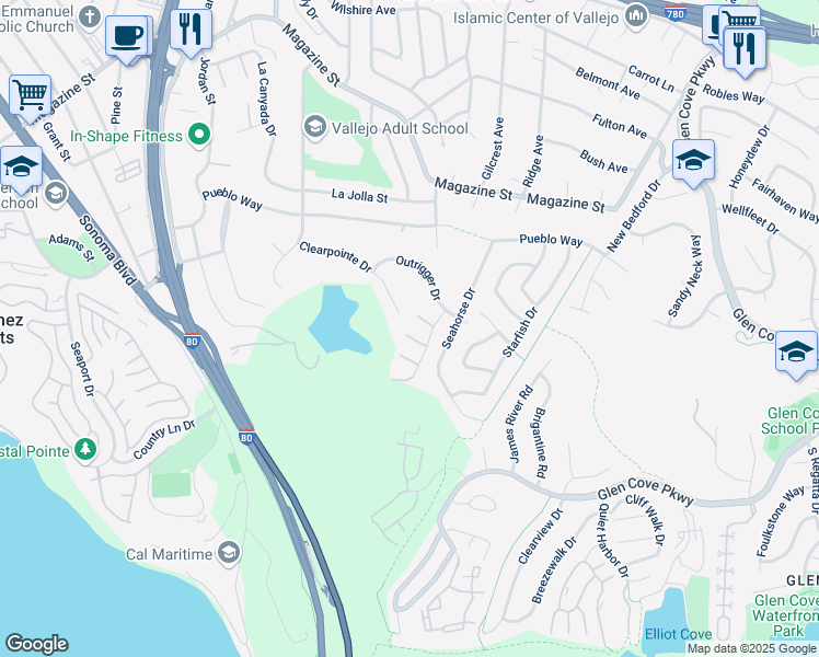 map of restaurants, bars, coffee shops, grocery stores, and more near 404 Canyon Court in Vallejo