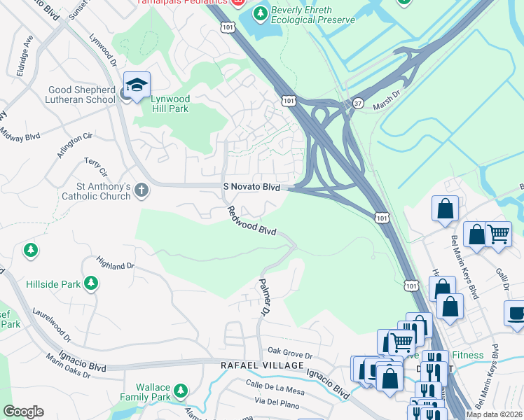 map of restaurants, bars, coffee shops, grocery stores, and more near 888 Arlene Way in Novato