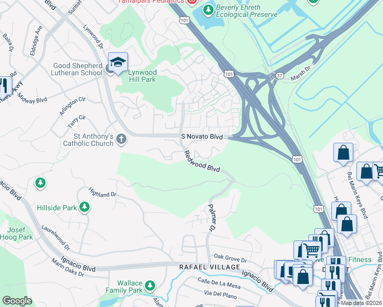 map of restaurants, bars, coffee shops, grocery stores, and more near 976 Arlene Way in Novato