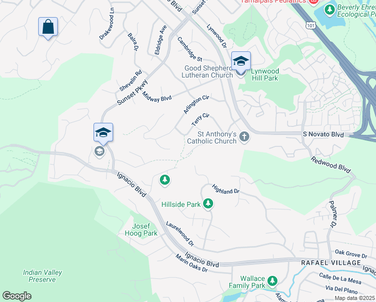 map of restaurants, bars, coffee shops, grocery stores, and more near 572 Stone Drive in Novato