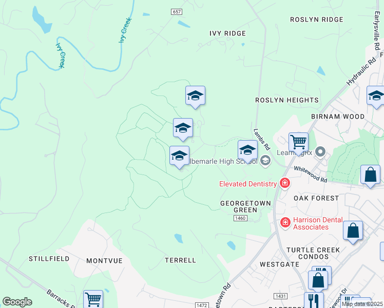 map of restaurants, bars, coffee shops, grocery stores, and more near 225 Lambs Lane in Charlottesville