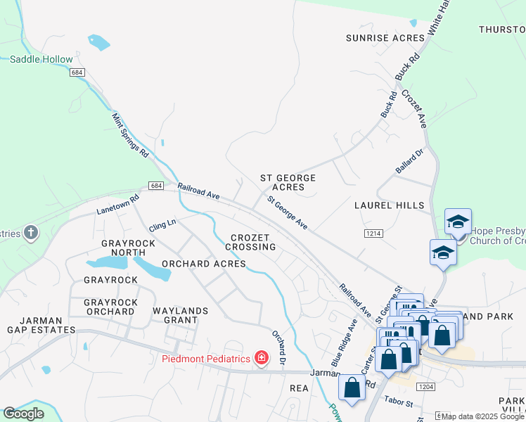 map of restaurants, bars, coffee shops, grocery stores, and more near 6078 Railroad Avenue in Crozet