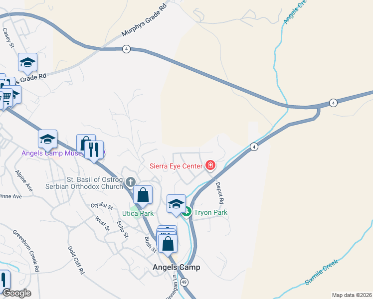 map of restaurants, bars, coffee shops, grocery stores, and more near 1073 Suzanne Drive in Angels Camp