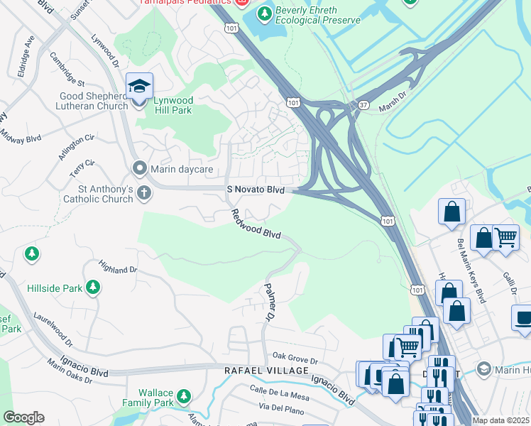 map of restaurants, bars, coffee shops, grocery stores, and more near 888 Arlene Way in Novato
