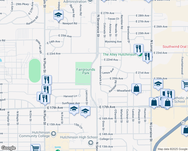 map of restaurants, bars, coffee shops, grocery stores, and more near 1904 North Severance Street in Hutchinson