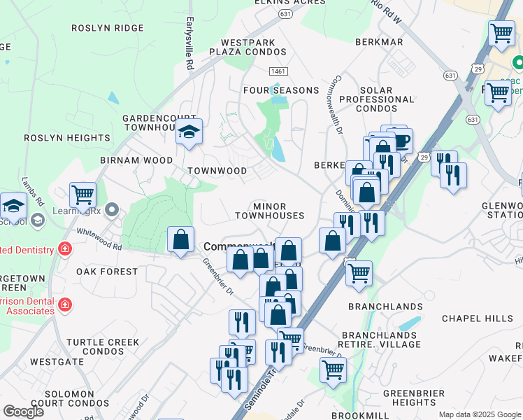 map of restaurants, bars, coffee shops, grocery stores, and more near 396 Wynridge Lane in Charlottesville