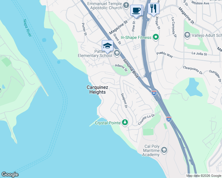 map of restaurants, bars, coffee shops, grocery stores, and more near 260 Seawind Drive in Vallejo