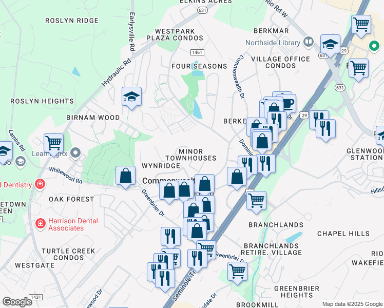 map of restaurants, bars, coffee shops, grocery stores, and more near 1500 Minor Ridge Court in Charlottesville