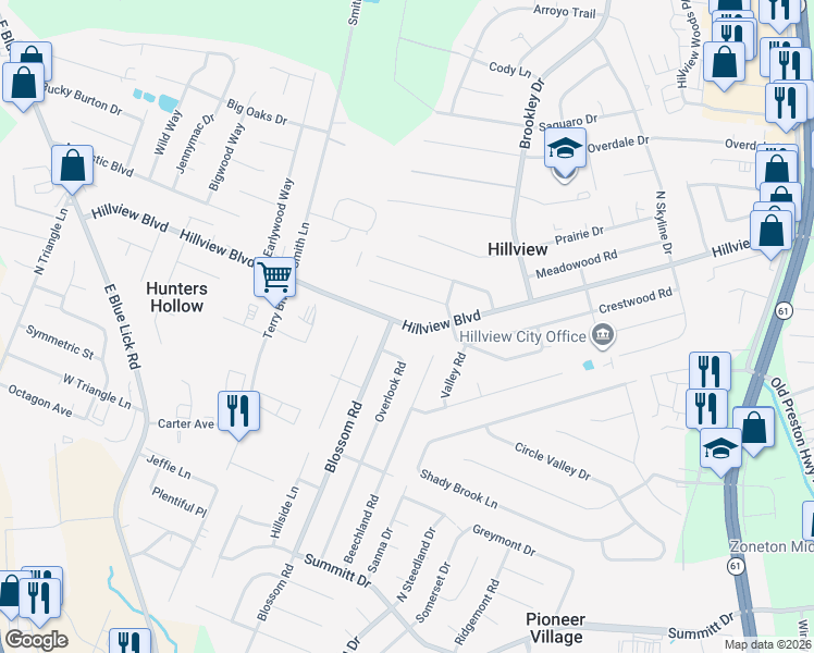 map of restaurants, bars, coffee shops, grocery stores, and more near 963 Hillview Boulevard in Louisville