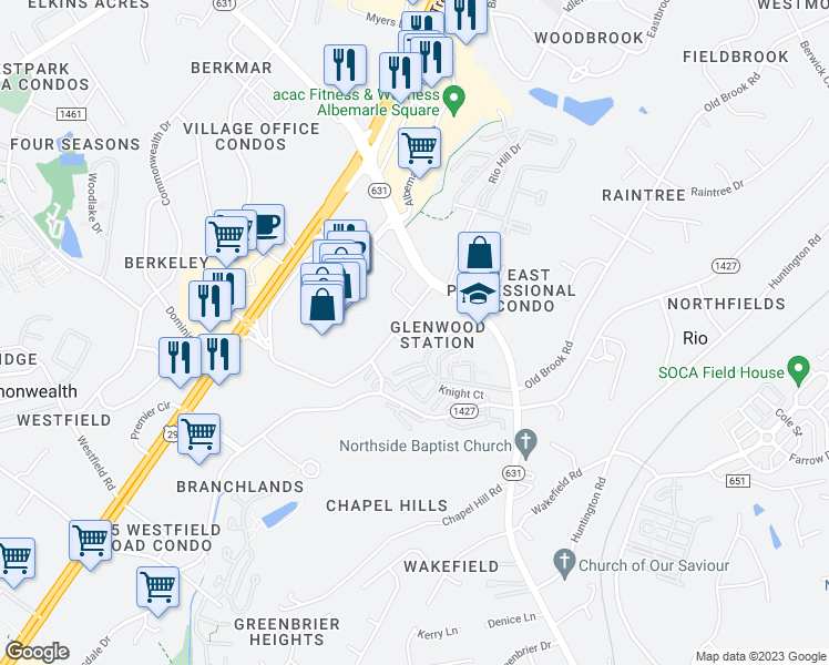 map of restaurants, bars, coffee shops, grocery stores, and more near 1036 Glenwood Station Lane in Charlottesville