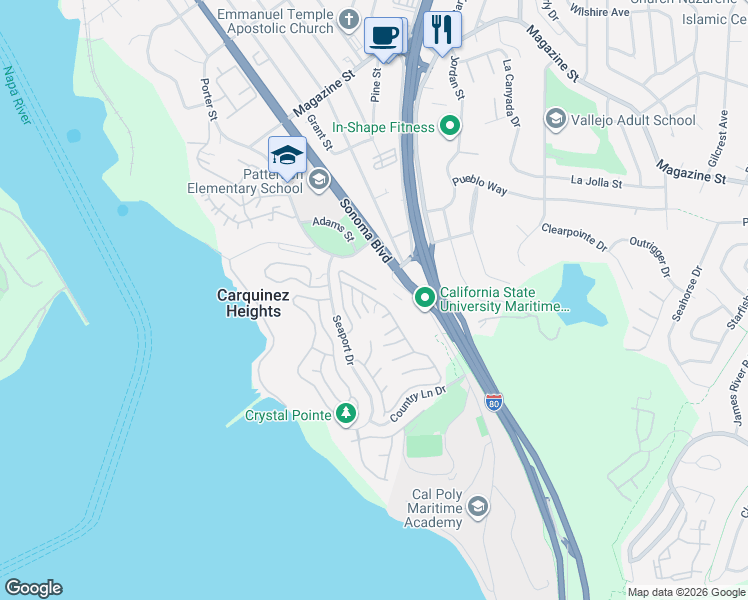 map of restaurants, bars, coffee shops, grocery stores, and more near 164 Margaret Court in Vallejo