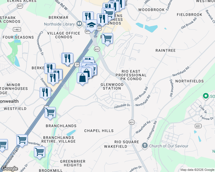 map of restaurants, bars, coffee shops, grocery stores, and more near 1018 Glenwood Station Lane in Charlottesville