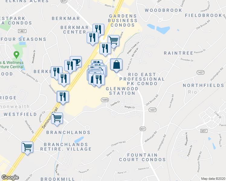 map of restaurants, bars, coffee shops, grocery stores, and more near 1051 Glenwood Station Lane in Charlottesville