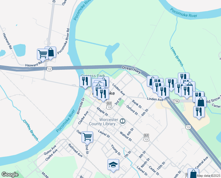 map of restaurants, bars, coffee shops, grocery stores, and more near 8 2nd Street in Pocomoke City