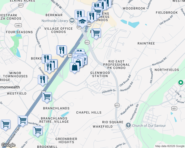 map of restaurants, bars, coffee shops, grocery stores, and more near 1051 Glenwood Station Lane in Charlottesville