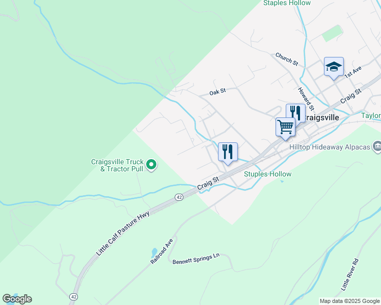 map of restaurants, bars, coffee shops, grocery stores, and more near 298 Madison Street in Craigsville