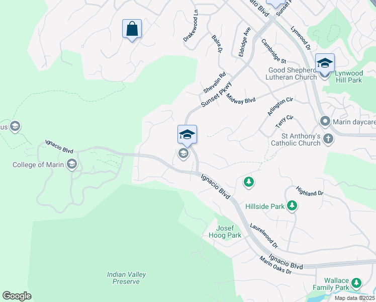 map of restaurants, bars, coffee shops, grocery stores, and more near 1000 Sunset Parkway in Novato