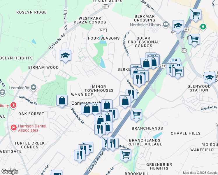 map of restaurants, bars, coffee shops, grocery stores, and more near 1450 Minor Ridge Court in Charlottesville