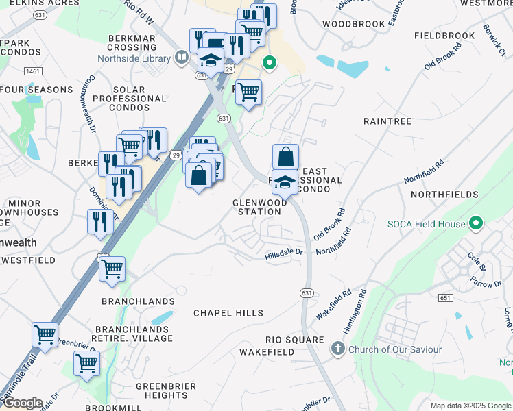 map of restaurants, bars, coffee shops, grocery stores, and more near 994 Glenwood Station Lane in Charlottesville