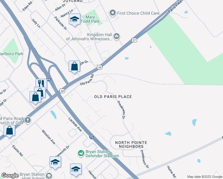 map of restaurants, bars, coffee shops, grocery stores, and more near 141 Preakness Drive in Lexington