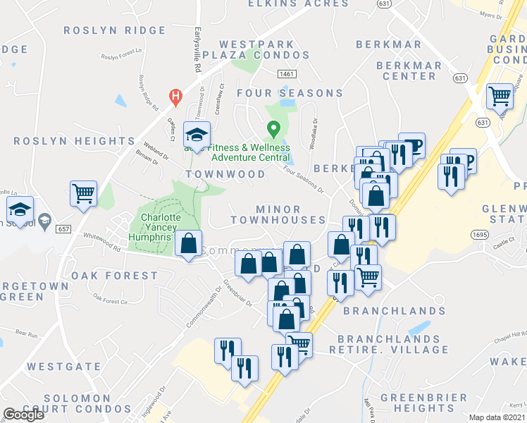 map of restaurants, bars, coffee shops, grocery stores, and more near 386 Wynridge Lane in Charlottesville