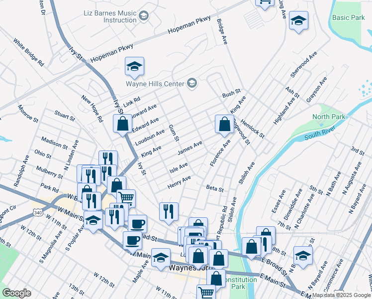 map of restaurants, bars, coffee shops, grocery stores, and more near James Avenue in Waynesboro