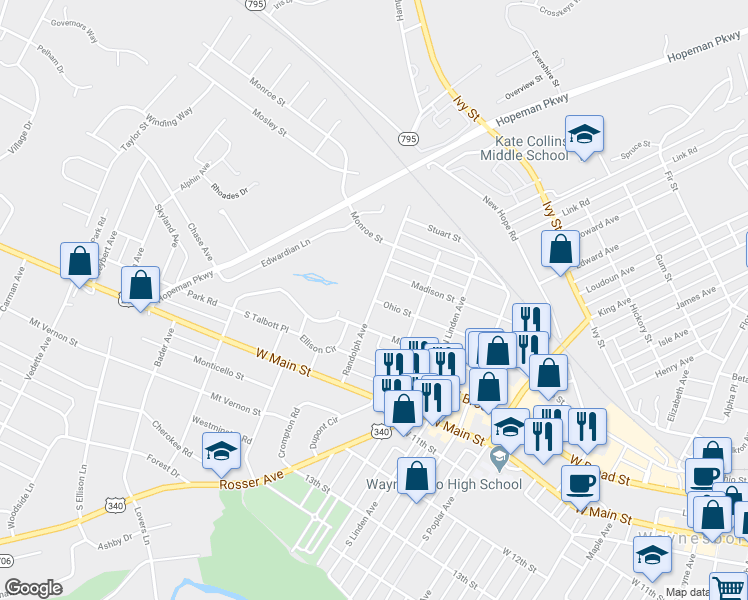 map of restaurants, bars, coffee shops, grocery stores, and more near 491 Randolph Avenue in Waynesboro