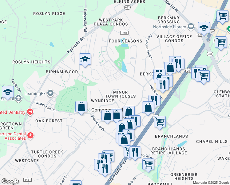 map of restaurants, bars, coffee shops, grocery stores, and more near 1512 Minor Ridge Court in Charlottesville