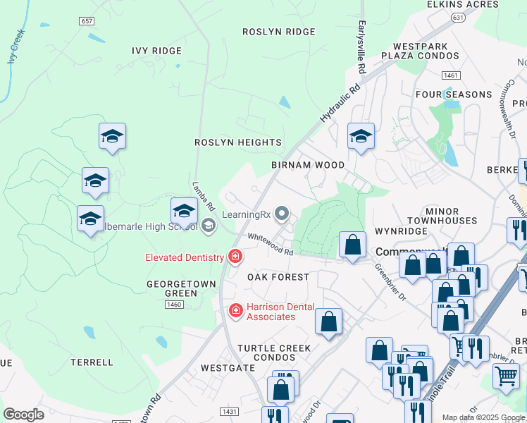 map of restaurants, bars, coffee shops, grocery stores, and more near 2820 County Road 743 in Charlottesville