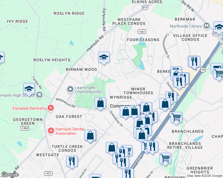 map of restaurants, bars, coffee shops, grocery stores, and more near 311 Westfield Road in Charlottesville