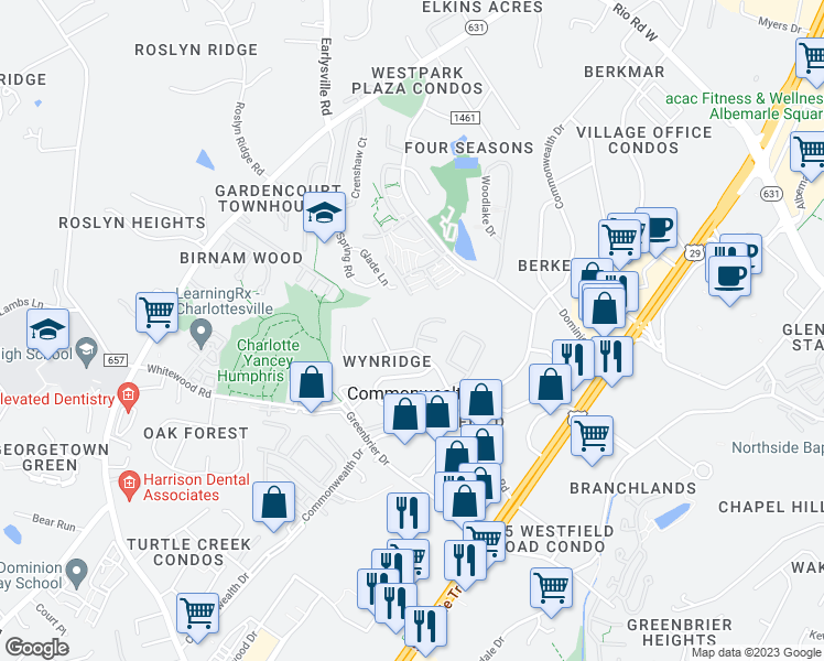 map of restaurants, bars, coffee shops, grocery stores, and more near 402 Wynridge Drive in Charlottesville