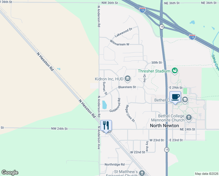 map of restaurants, bars, coffee shops, grocery stores, and more near 603 Bluestem Street in Newton
